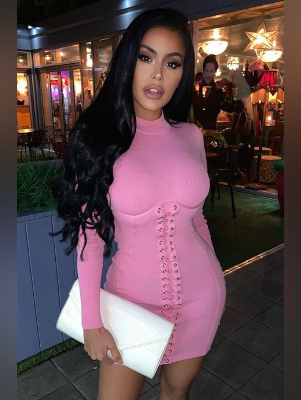 FASHION NOVA XS Bright BubbleGum Barbie Pink Long-Sleeve Lace-Up Dress NWOT